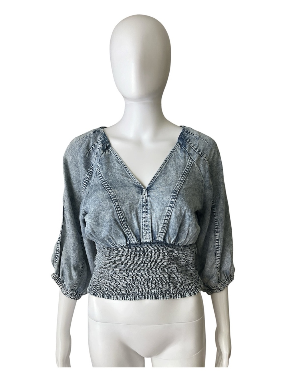 Zenana Outfitters Washed Denim-Blue Smocked Waist V-Neck Blouse
